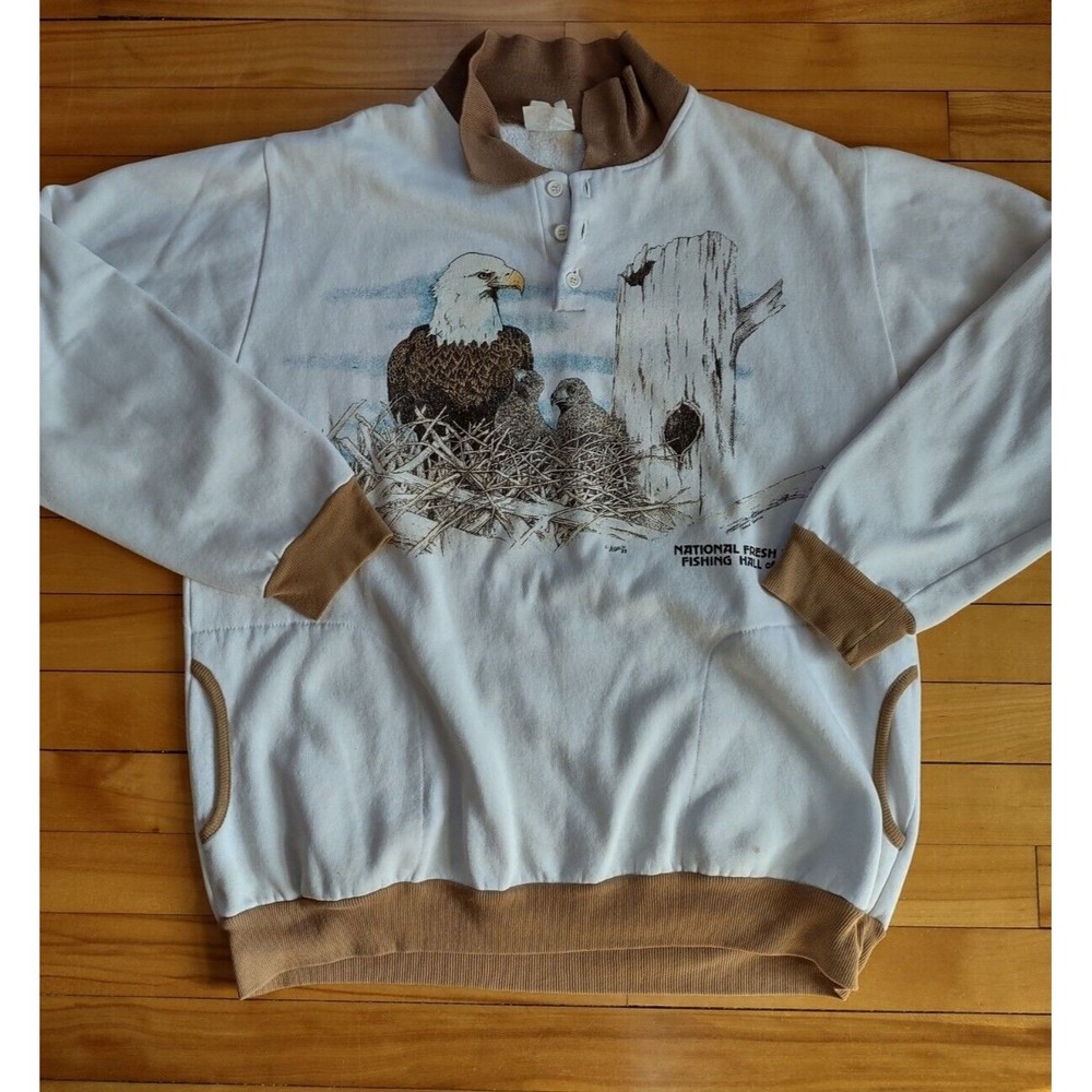 Vintage Crewneck Nature fishing Eagle White Long Sleeve front back 1989 Large